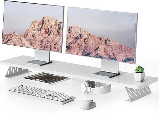 Fenge Monitor Stand Riser, Wooden & Metal Desk Shelf Organizer, White | 42.5 Inch Dual Monitor Riser for 2 Monitors, Multifunctional Monitor Shelf for Laptop, PC, Printer