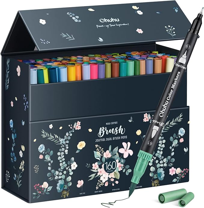 Ohuhu Adult Coloring Book Markers 160 Color Dual Tip Water-Based-Maui-Black | No Bleed Coloring Markers Fineliner & Brush Drawing Pens Art Pens for Kids Adults Sketch Journal