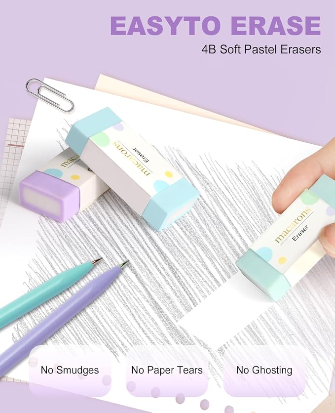 Aesthetic School Supplies with Cute Pencil Case, 12x Pastel Mechanical Pencils 0.5 & 0.7mm with 720x HB Leads, 4x Erasers and 1x Sticky Note, Suitable for Writing, Drafting Drawing Sketching(purple)