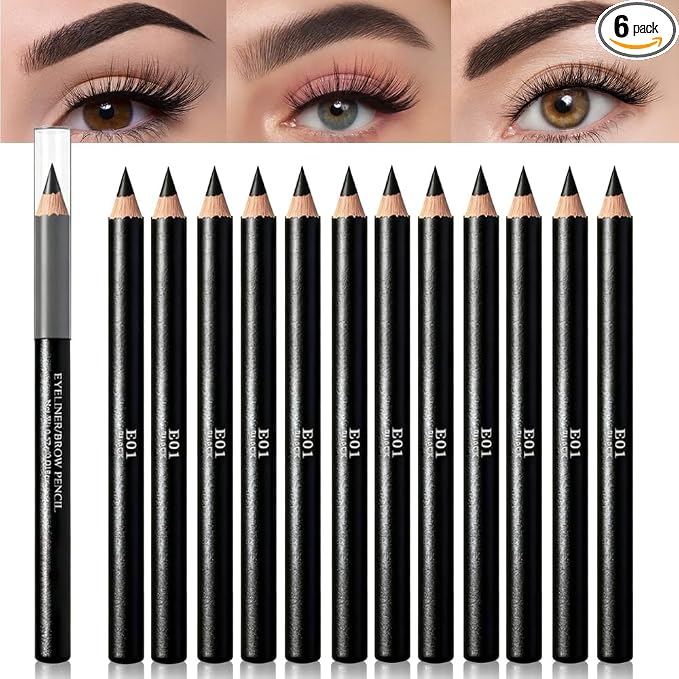 12Pcs Black Eyebrow Pencils for Women, Wooden Hard-Core Eyebrow and Eyeliner Pencil, Long Lasting Waterproof and Sweat-Proof, Beginner Makeup Brow Pencil (Black)