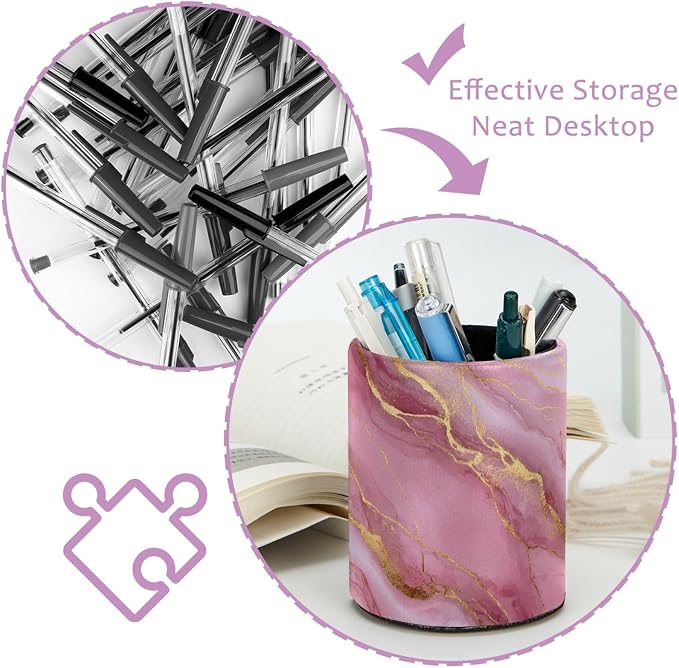 Pink Gold Marble Leather Pen Holder for Desk, Multifunctional Desktop Organizer Pencil Cup, Desktop Caddy Stationery Organizer for School Home Office Desk Accessories