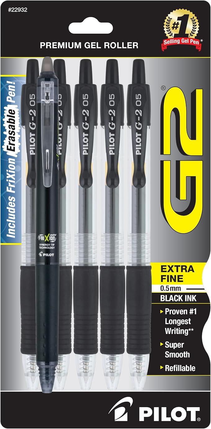 Pilot G2 + FriXion Synergy Companion Pack, 0.5mm Extra Fine Point, Black Ink, Premium Gel Roller 6 Pack - for School, Office and Business Use