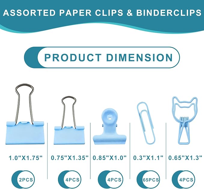 Binder Clips and Paper Clips, Assorted Sizes, Blue, Set of Multiple Pieces