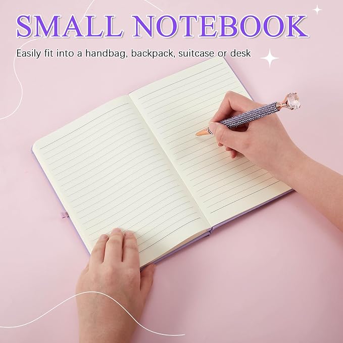 Resholder Rhinestone Pen & Glitter Notebook Set, Hard Cover Bling Diary Journal for Girls, Cute School Supplies for Back to School, Sparkly Desk Accessories Gift for Women(Pearl,A6,Purple)