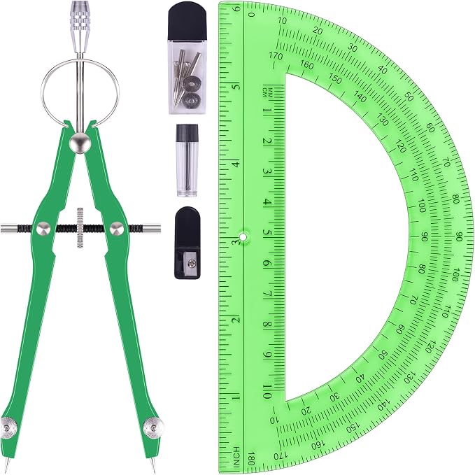 Unjoo Compass and Protractor Set, Math Compass for Geometry (Green) | Professional Drawing Compass Tool, Metal Compass with Extra Refills, 6 Inch Math Protractors 180 Degree, For School, Office