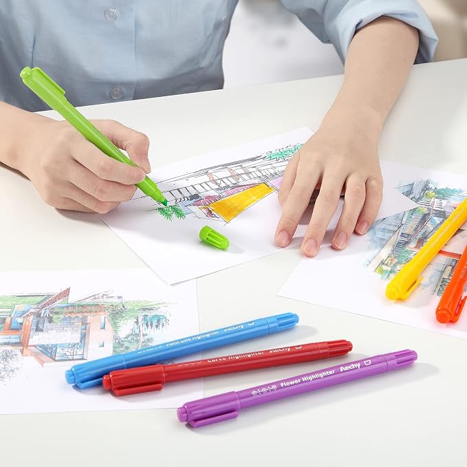 AECHY Curve Highlighter Pens Set, 8PCS Dual Tip Pattern Markers, 6 Designs | Chisel Tip & Pattern Roller for Journaling, Planners, Note Taking, Drawing, Scrapbooking, Classroom Projects &School Supplies