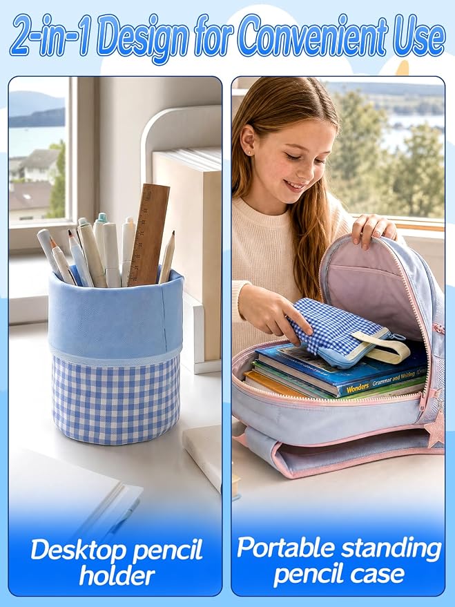 Bigmeta Gingham Standing Soft Pencil Case for Girls - 2-in-1 Cute Aesthetic Pencil Pouch with Zipper, Stationery Holder Bag for Middle & Elementary Students Back to School Supplies (Blue)
