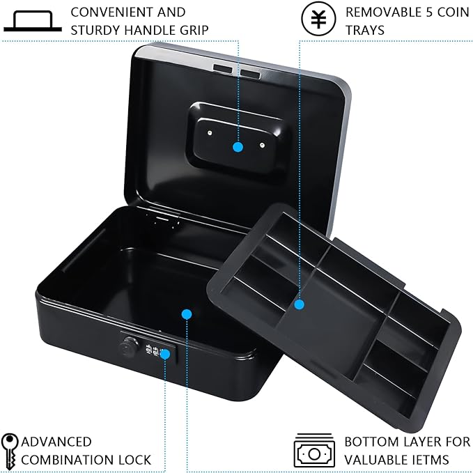 KYODOLED Large Cash Box with Combination Lock Safe Metal Money Box with Money Tray for Security Lock Box 9.84"x 7.87"x 3.54" Black