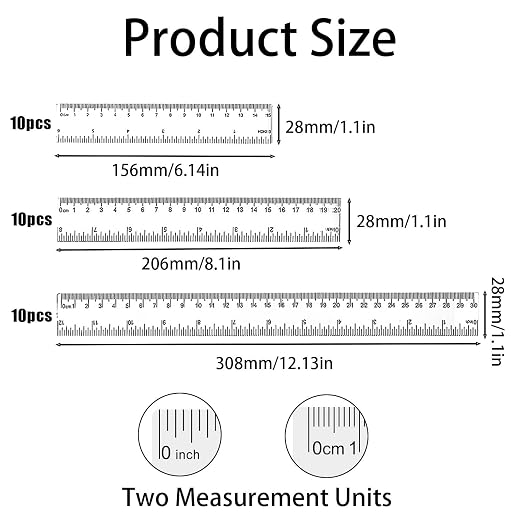 30 Pack Clear Ruler Set - 12 Inch & 8 Inch & 6 Inch Metric Measuring Tools | Dual CM/Inch Scale Rulers Bulk for Classroom, School Office Home Supplies | Assorted Sizes