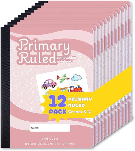 ONAVIA Pink Primary Composition Notebook K-2 Bulk, Drawing Space, 200 Pages | 100 Sheets, 9.75 x 7.5 in, 12 Pack, Draw and Write Primary Composition book, Kindergarten Writing Journal