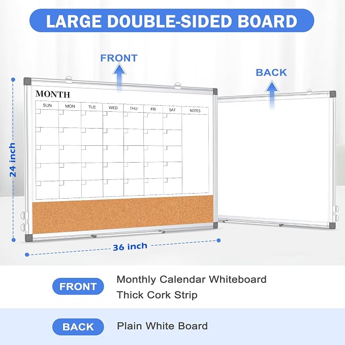 Monthly Calendar Whiteboard Dry Erase Cork Board Combo for Wall, 36" x 24" Magnetic Double-Sided Calendar White Board and Bulletin Board, Portable Board for Office, Kitchen, School, Home