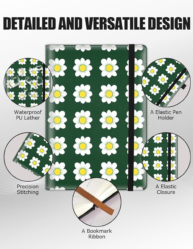 Hardcover Executive Notebooks, A5 PU Leather Lined Journal Notebook, 200 Pages Thick Paper Subject Notebooks for School,Work,Home Writing Business Notebook, Diary Book ，White Flowers