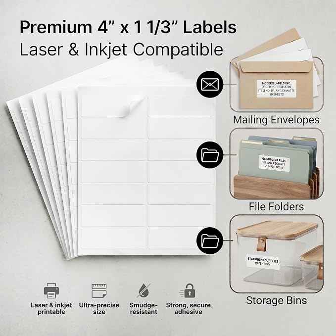 4" X 1.33" Matte White Printable Address Labels (30 Sheets, 420 Stickers) Mailing Labels for Envelopes, File Folder Stickers for Laser & Inkjet Printers - Spartan Industrial Template R018