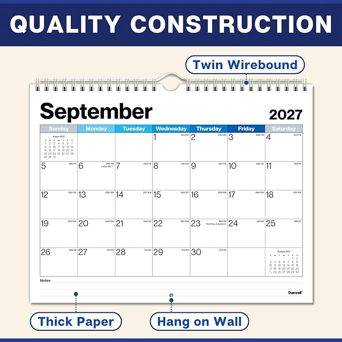 Dunwell Wall Calendar 2026-2027, 8.5" x 11", 18 Months Jul. 2026 to Dec. 2027, Durable Twin Wire Binding, Thick Paper, Small Desk Calendar Planner For Home, Office, School, Simple Design, Easy Read
