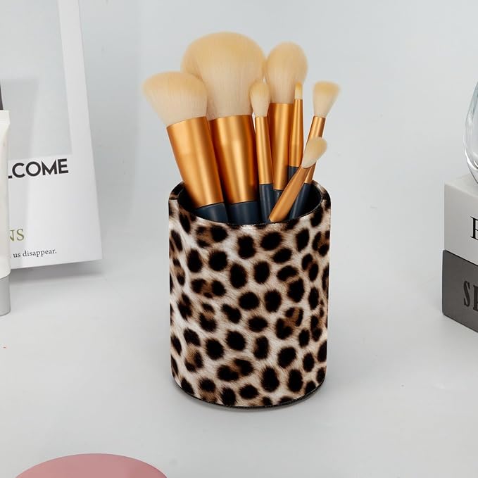 Leopard Print Leather Pen Holder for Desk, Multifunctional Desktop Organizer Pencil Cup, Desktop Caddy Stationery Organizer for School Home Office Desk Accessories