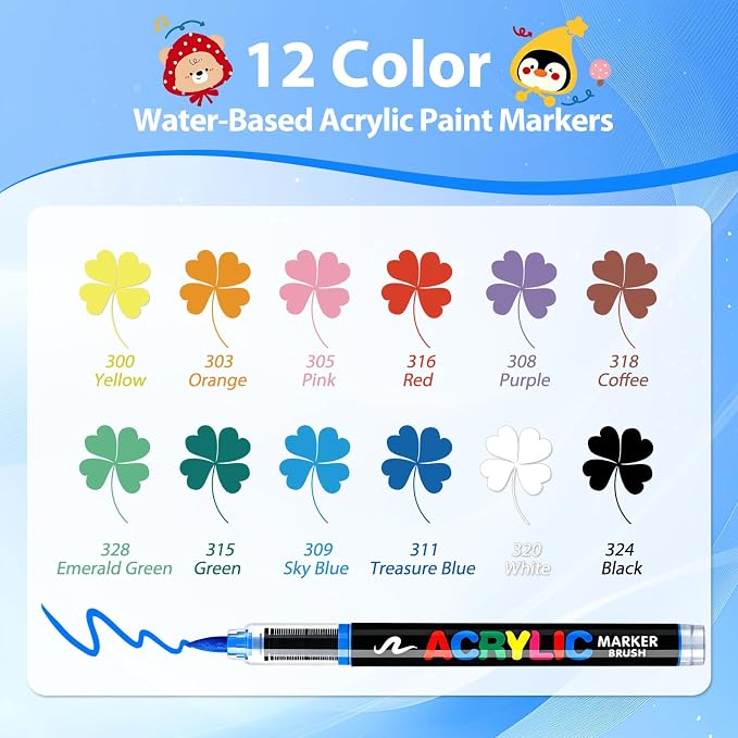 Acrylic Paint Markers Brush Tip 12 Colors, Soft Brush Tip Acrylic Paint Pens with Automatic Ink Control, Water-Based No-Bleed Paint Markers for Rock Painting Fabric Wood Ceramic Metal DIY Crafts