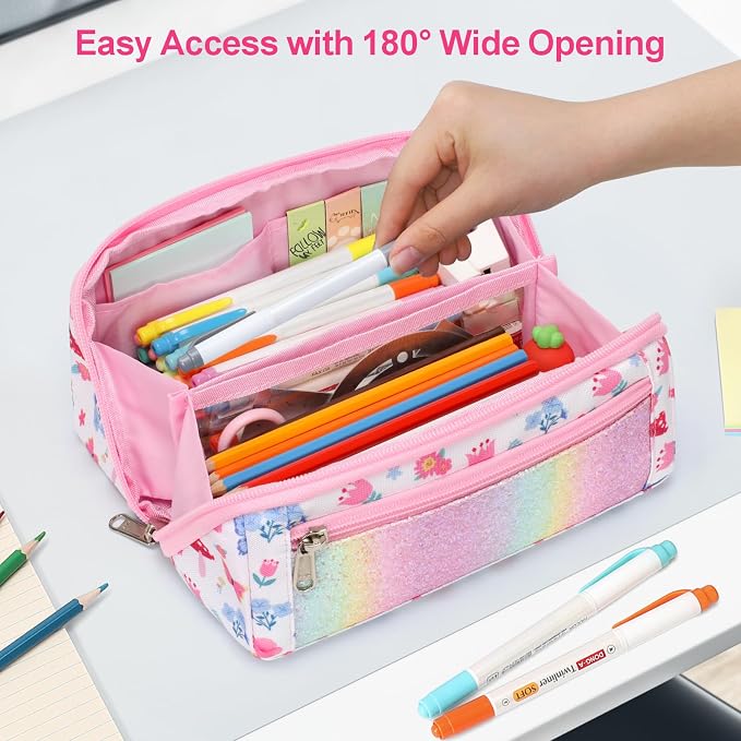 Large Pencil Case for Girls - Aesthetic Pencil Pouch for School | Kids Pencil Case & Wide Handle, Water Resistent Organizer Box,Fits 50 Pens & Markers, Daily Use, Floral Butterfly