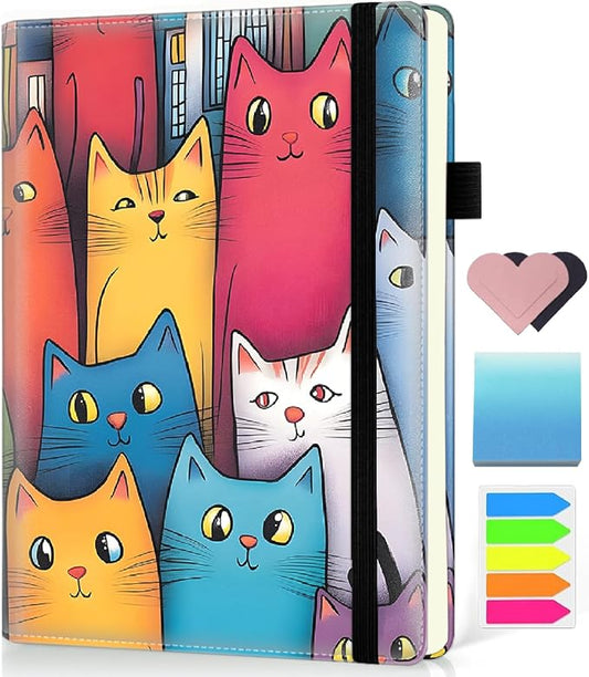 Hardcover Executive Notebooks, A5 PU Leather Lined Journal Notebook, 200 Pages Thick Paper Subject Notebooks for School,Work,Home Writing Business Notebook, Diary Book ，Colorful Cat Vintage