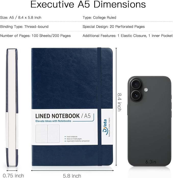 Hardcover Executive Notebooks 6 Pack, A5 Lined Journals with PU Leather Cover, 200 Pages 100 GSM Paper, Pocket, Bookmark & Strap for Office, Meetings & Everyday Writing