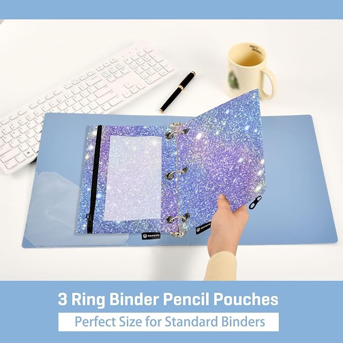 ALAZA Pencil Pouch for 3 Ring Binder, Sparkling Blue Purple Print Binder Pencil Pouches with Clear Window Zipper Pencil Case Cosmetic Bags for Office College Supplies, 2PCS