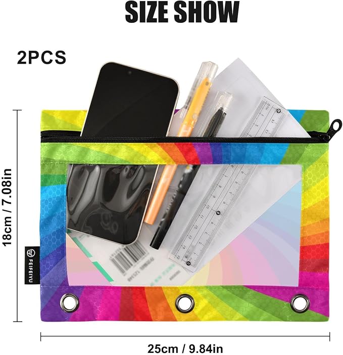 Rainbow Pencil Pouch Fits Standard 3-Ring Binders, Zipper Binder Pencil Bag with Clear Window for Class Office 2 Pack