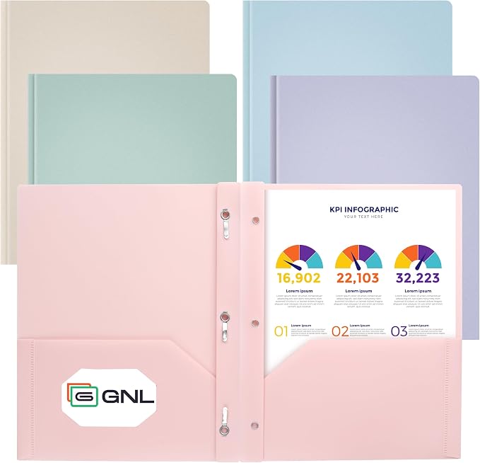 GNL Plastic Folders with Pockets and Prong, Pack of 5, Muted Pastel Colors, Heavy Duty 2 Pocket File Folders Letter Size, Folders with Prongs for School, Home, and Office