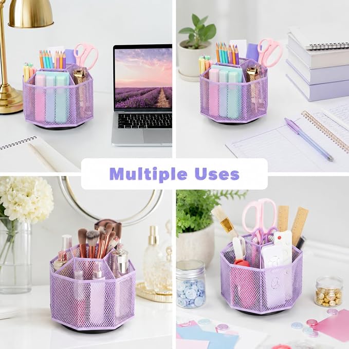 Exerz Desk Organizer 360 Rotating Pen Holder Storage Caddy Light Purple | Smooth Spinning Base With Open Mesh Sections Easy Access To Pens Brushes Scissors Daily Desk Tools
