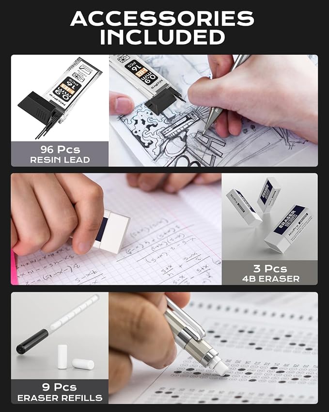 Nicpro 4 Pack Metal Mechanical Pencil Set 0.9mm, MB1000 Lead Drafting Pencil 0.9 mm with 6 Tube HB #2 Lead Refill, 3PCS 4B Eraser, 9 Cap Eraser for Artist Writing, Sketching, Drawing- Come with Case | 6 Tube HB #2 Lead Refill, 3PCS 4B Eraser, 9 Cap Era...