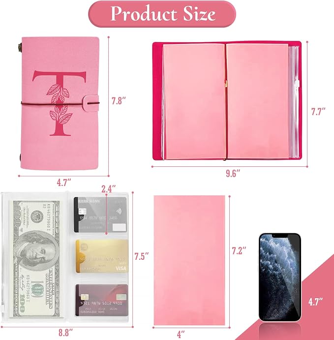 Personalized Journal Gift-Pink Initial Leather Journal+Heart Diamond Pen Set,Travel Notebook Diary Gifts,Refillable Notepads,Christmas,Birthday Gifts for Women Girls (7.9"x4.7") (T)