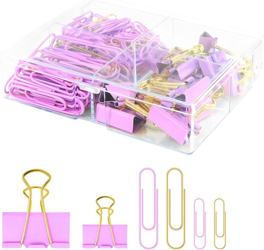 Purple and Gold Paper Clips Binder Clips Set with Storage Box, 165 Psc, Assorted Size Decorative Office Clips, Cute Desk Accessories for School, Home Office, Planner, Journal and Documents