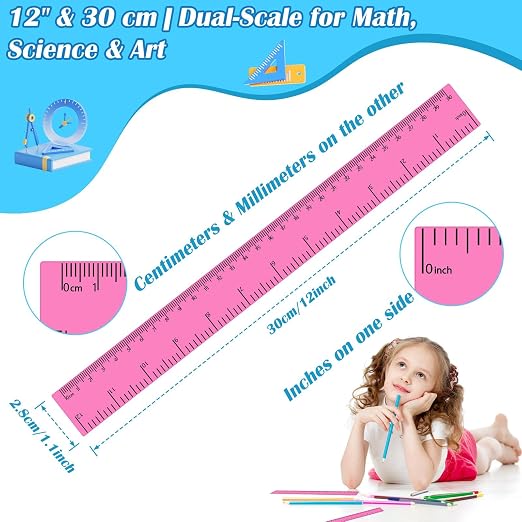 36 Pack 12 Inch Clear Pink Plastic Rulers Bulk, Transparent Metric Rulers with Centimeters and Inches, Straight Measuring Rulers for Back to School, Kids Classroom School Office Home Supplies