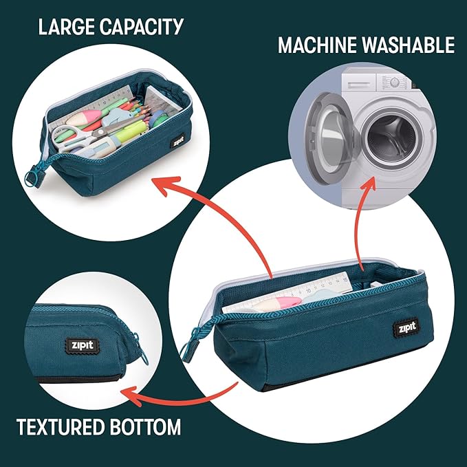 ZIPIT: Lenny Pencil Case - Teal - Large Storage Capacity Zipper Pouch, Makeup & Stationery Bag, School-Travel, Washable Polyester, Kids-Teens-Adults