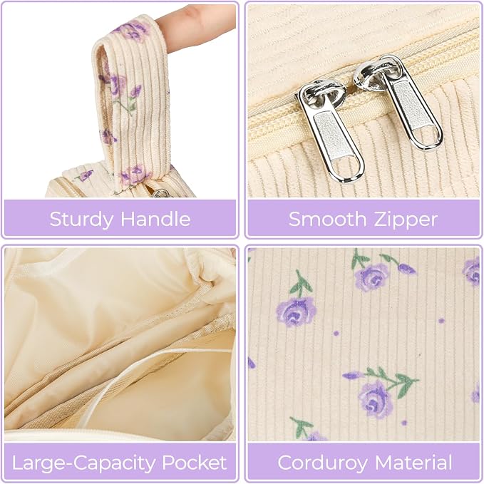 WOBAGMEN Cute Pencil Case,Large Corduroy Zippered Pencil Case Pouch, aesthetic Pencil Bag with Compartments, Pencil Pouch School Supplies (HY-corduroy pc-purple floral)