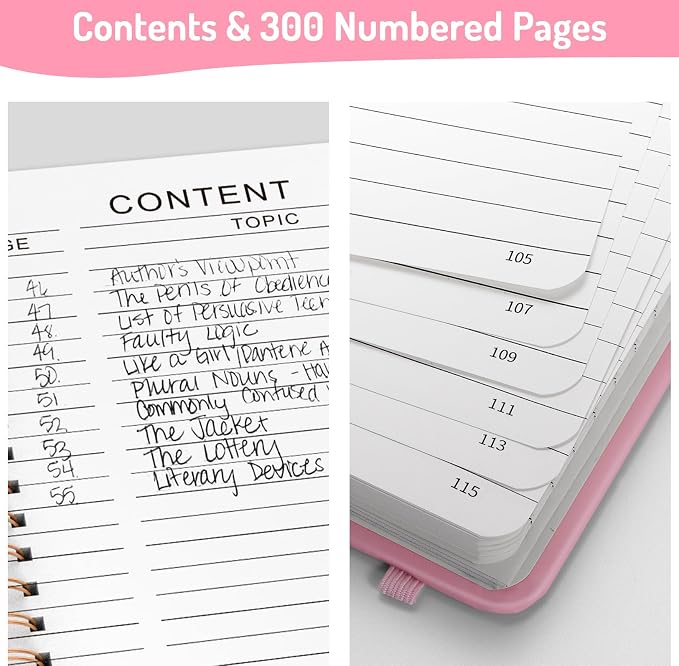 Forvencer Lined Spiral Journal Notebook with 300 Numbered Pages, A5 Thick Journals for Writing with 100GSM Paper, Hardcover Notebooks with Contents for Work, School, Women, Men, Pink