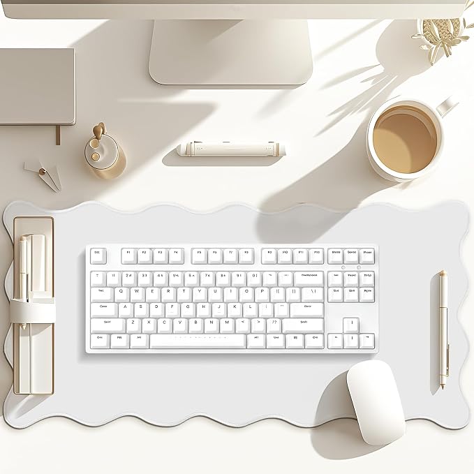Hahafelt Scalloped Desk Mat Large Desk Pad Cute Coquette Table Mat Back to School Preppy Table Make up Pad Nonslip Graduation Gift with Stitching Waterproof Gaming(White,31.5 x 15.8 Inches)