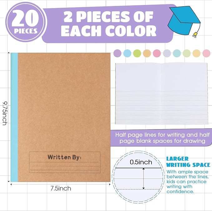 Henoyso 20 Pack Primary Composition Notebook, 9-3/4" x 7-1/2", Kids Primary Journal, K-2 Writing Notebook for Kids Student Draw Write Story Journal Half Blank Books(Colorful Macaron)