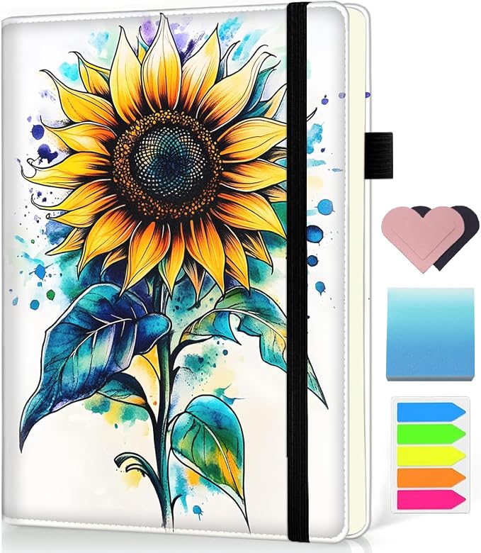 Hardcover Executive Notebooks, A5 PU Leather Lined Journal Notebook, 200 Pages Thick Paper Subject Notebooks for School,Work,Home Writing Business Notebook, Diary Book ，Watercolor Sunflower