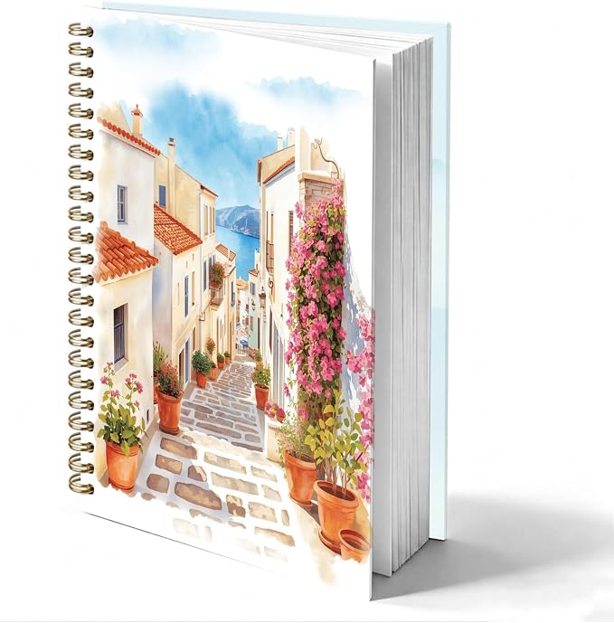 Coastal Village Scenery Journal Notebook 5.5x8.3, Greek Island Coastal Seascape Journal, Traveler Gifts, Romantic Mediterranean Landscape Notebooks for Work