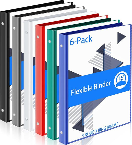 Fulmoon 6 Pack Plastic 3 Ring Binder Assorted Colors Economy Flexible Round Ring Presentation Binders with Pocket for Office School Meeting(1.5 Inch,Classic Colors)