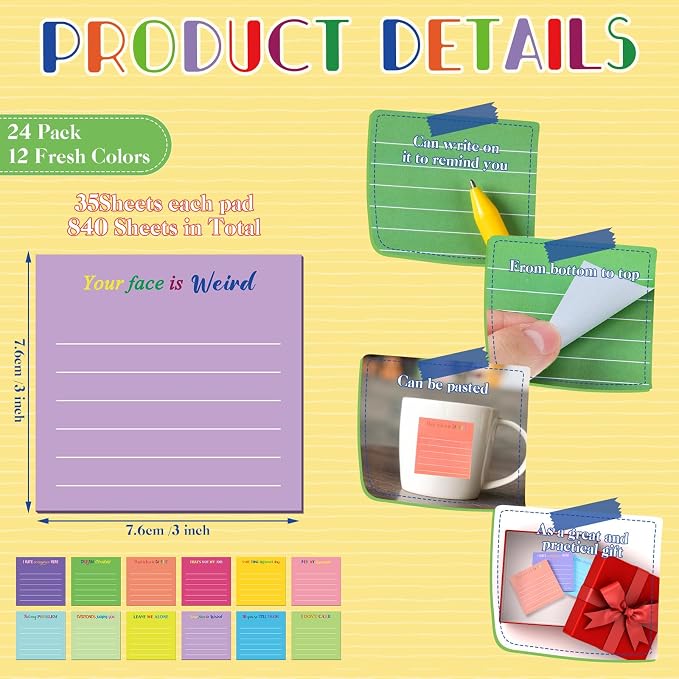 Yinder 24 Pcs Sticky Notes Gifts Bulk,Funny,Dark Color