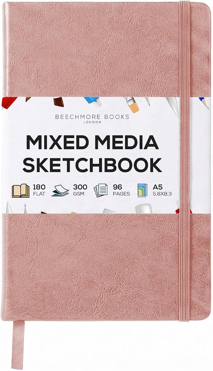 Beechmore Books 300 GSM Heavyweight Mixed Media Sketchbook A5 5.8"x8.3" - 96 Pages, Vegan Leather Hardcover Professional Art Journal for Paintings, Gouache and Ink