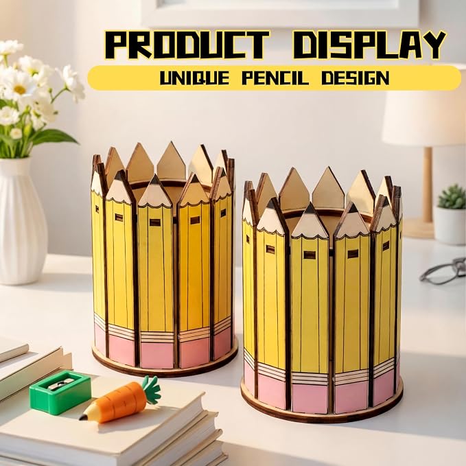 Tenceur 2 Pcs Pencil Shaped Holder Wooden Dispenser Pencil Cup for Back to School Teachers Classroom Organization Teacher Appreciation Gifts
