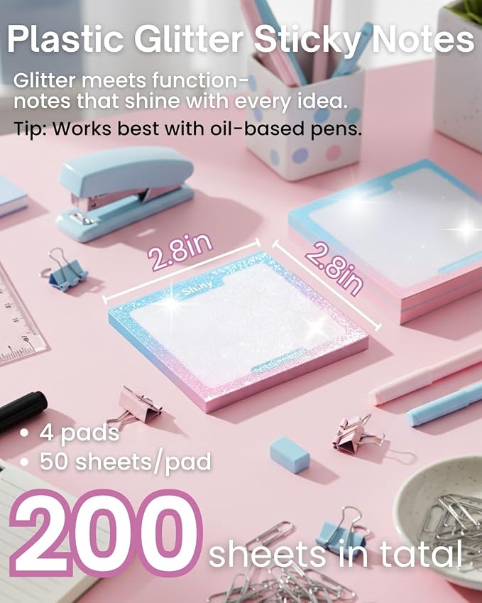 200pcs Glitter Sticky Notes, Transparent Sticky Notes with Pink Blue Iridescent Edge, Cute Self-Adhesive Memo Pads for Office, School & Home Stationery (4 pack-50pcs/1pack)