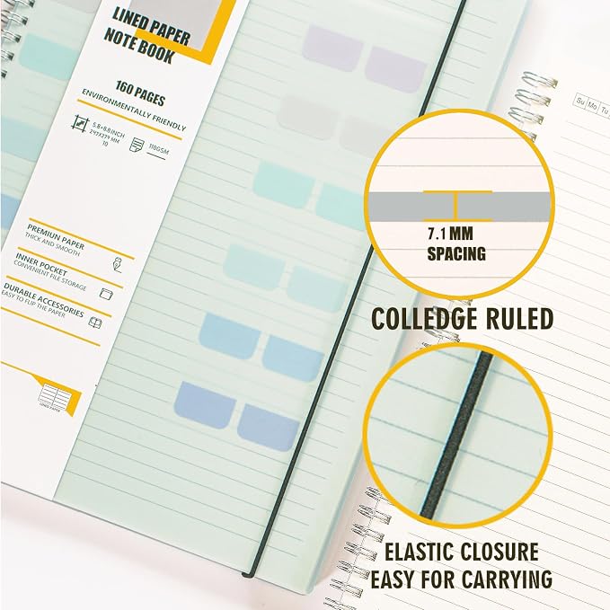 OWSC 4 Pack College Ruled Spiral Notebook, Notebooks for Work A5 Lined | 5.9 x 8.3 IN Notebooks College Ruled for Note Taking, School and Journal with 80 Sheets/160 Pages 110 GSM Thick Papers