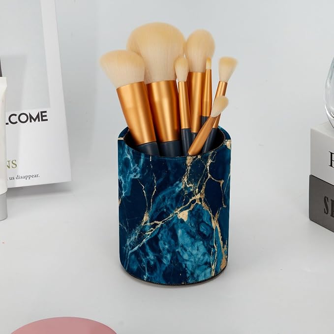 Navy Blue Abstract Marble Leather Pen Holder for Desk, Multifunctional Desktop Organizer Pencil Cup, Desktop Caddy Stationery Organizer for School Home Office Desk Accessories