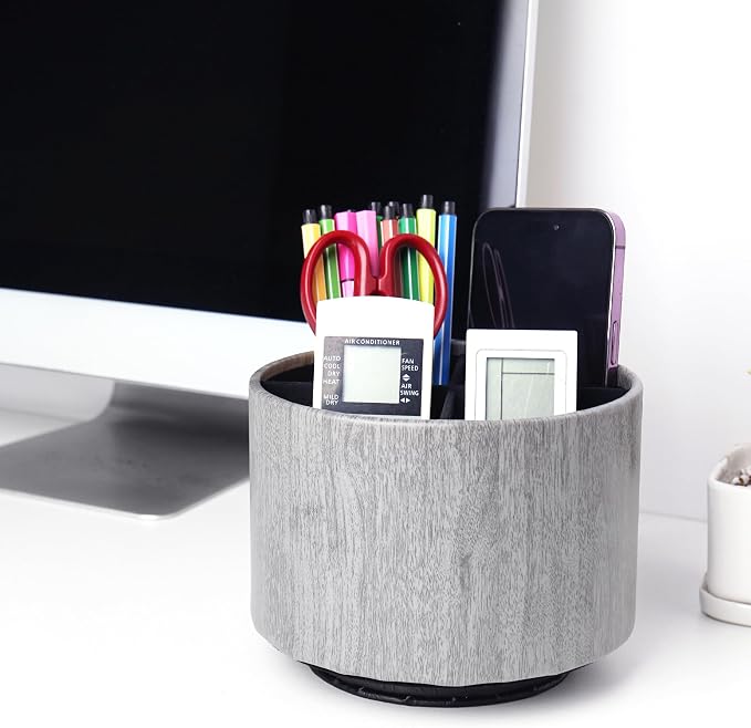 Round Leather Art Supply Organizer,Remote Control Holder,360 Degree Spinning,Multi-Functional Pencil Holder,4 Compartments Desktop Stationary Organizer(1-Thin Wood Grey)