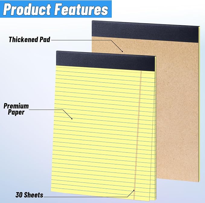 Oleitodh 48 Pack Yellow Legal Pads 8.5 x 11 Wide Ruled Perforated Note Pads | 30 Sheets Per Pad, Thick Paper, Easy Tear Pages, Smooth Writing, Office, School, Home, Meetings, Note Taking