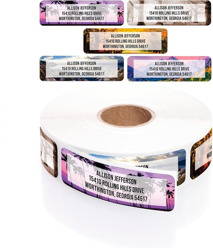 Breathtaking Landscape Rolled Address Labels / 500 Personalized Return Address Labels/Designer Address Stickers in Elegant Plastic Dispenser