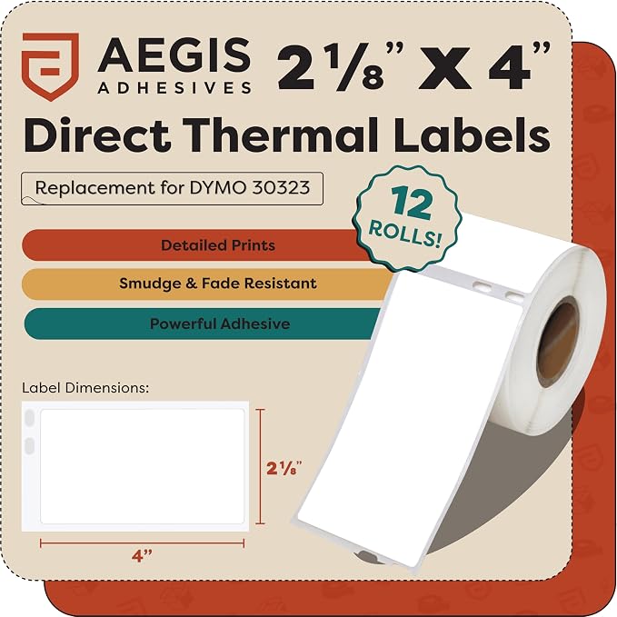 Replacement for DYMO 30323 (12 Rolls, 2640 Labels) 2 1/8" X 4" | Direct Thermal Shipping Labels - Compatible With LabelWriter 450, 450 Turbo, 4XL Printers (NOT 550, 5XL) - Aegis Adhesives