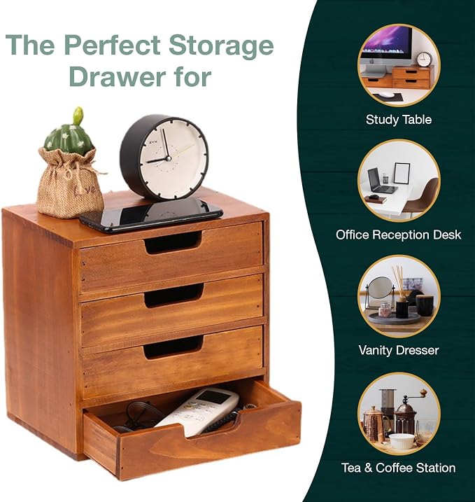 4-piece Drawer Cabinet Bundle Set - Modern Mahogany Wood Stackable Units - Multi-level Drawer Desktop Storage Organizers (4-Pack)